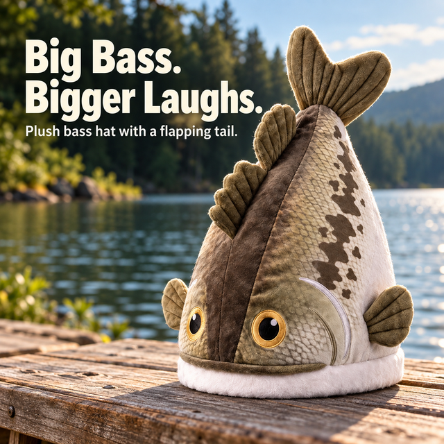 Big Bite plush bass hat displayed beside a lake