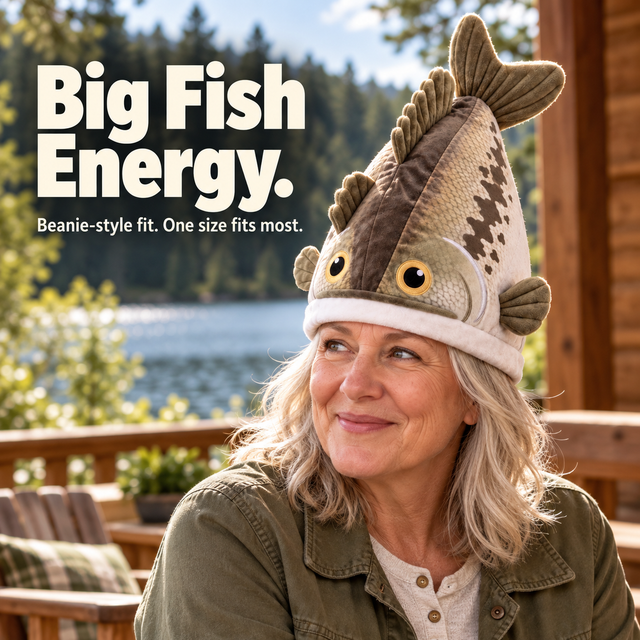 Woman wearing the plush bass hat on a lakeside porch