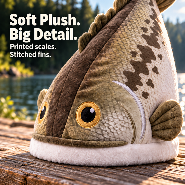 Close view of the plush bass hat details