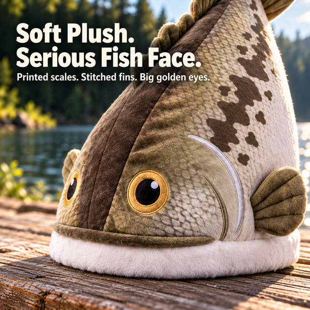 Golden-eyed plush bass hat beside a lake