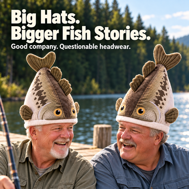 Two friends laughing in matching plush bass hats