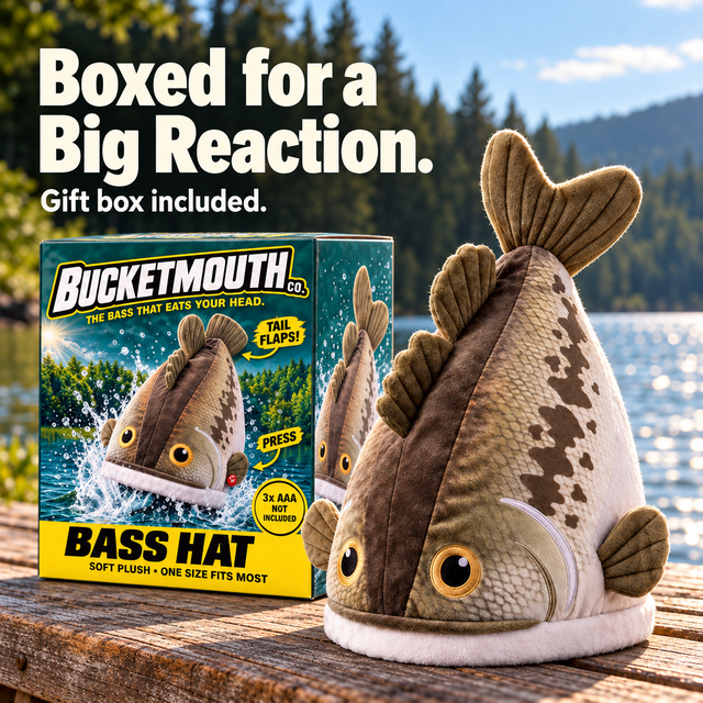 Plush bass hat displayed beside its included gift box