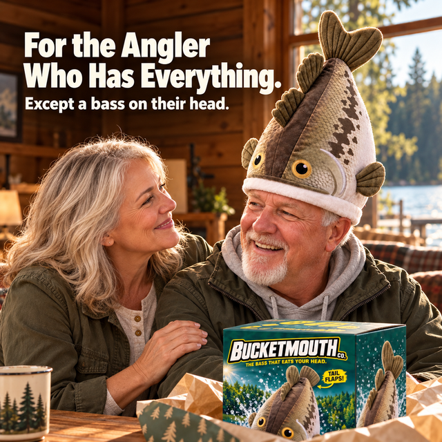 Woman giving the plush bass hat to an angler