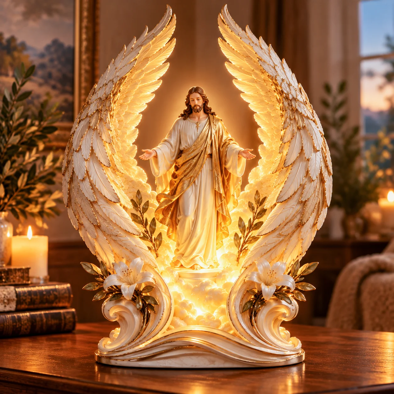 Front view of Jesus with open arms framed by glowing feathered wings