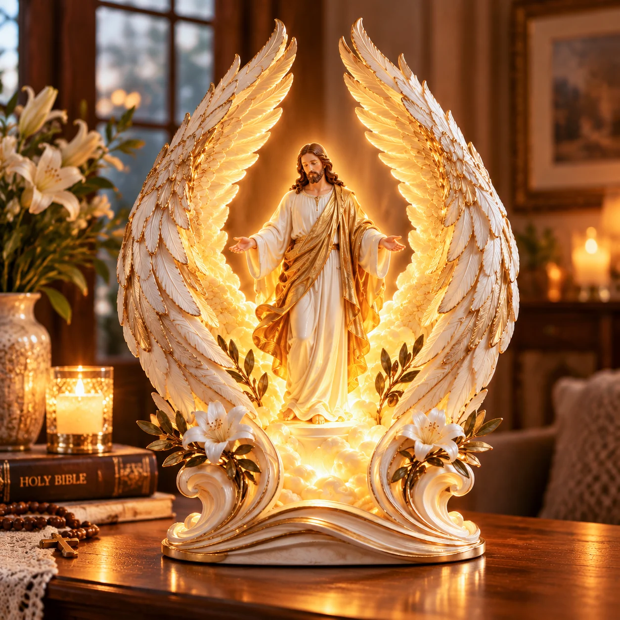 Illuminated Jesus figure between angel wings, with lilies and ivory-and-gold details