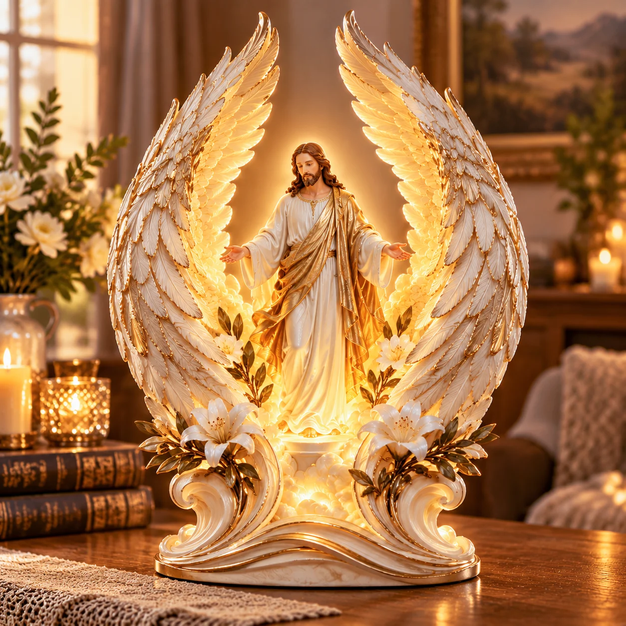 Close-up details of feathered angel wings, lilies and ornate ivory-and-gold base