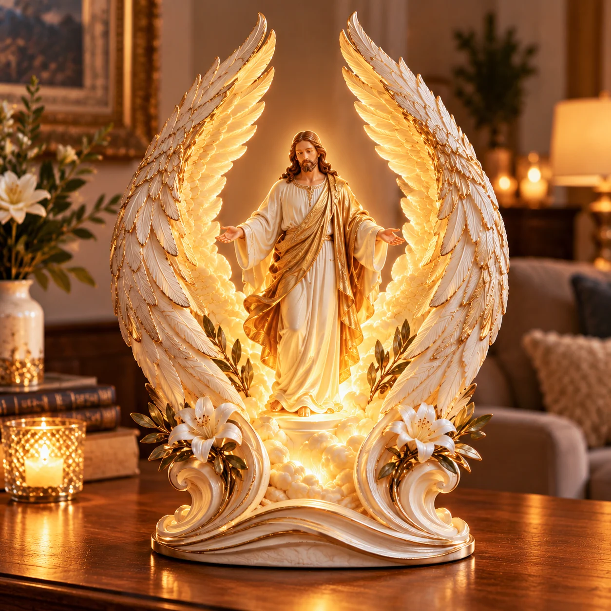 Illuminated Jesus and angel wings figurine displayed on a wooden table