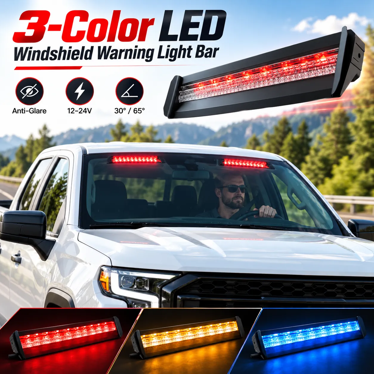 Three-color LED windshield warning light bar with flexible silicone housing