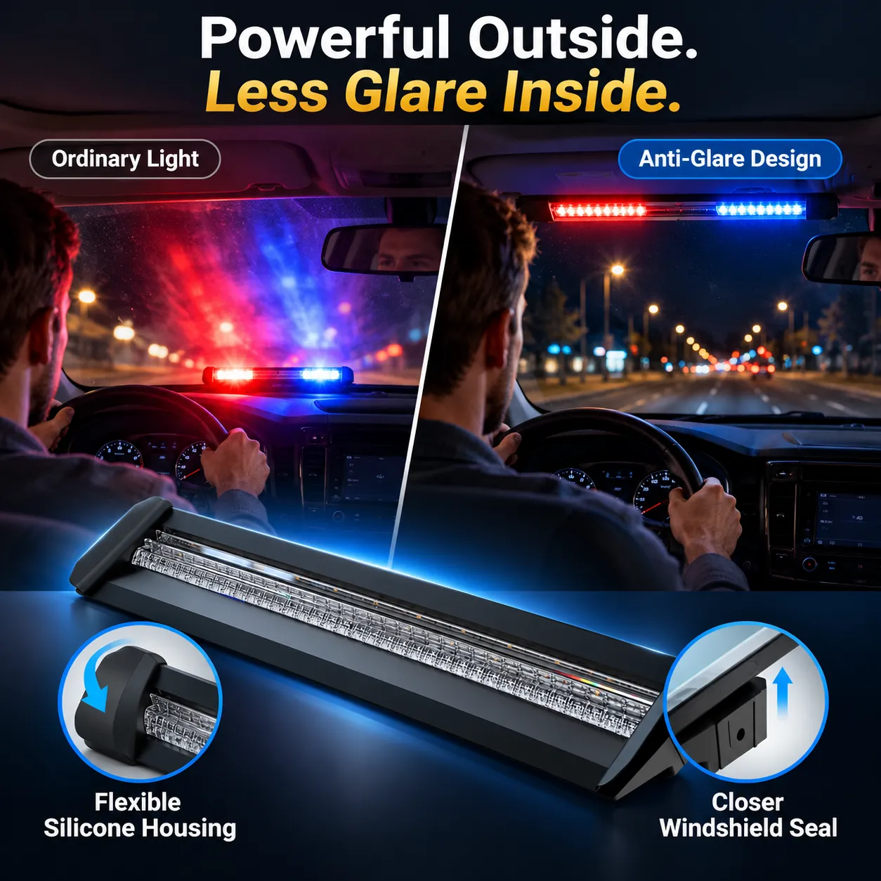 Flexible silicone windshield warning light bar design
