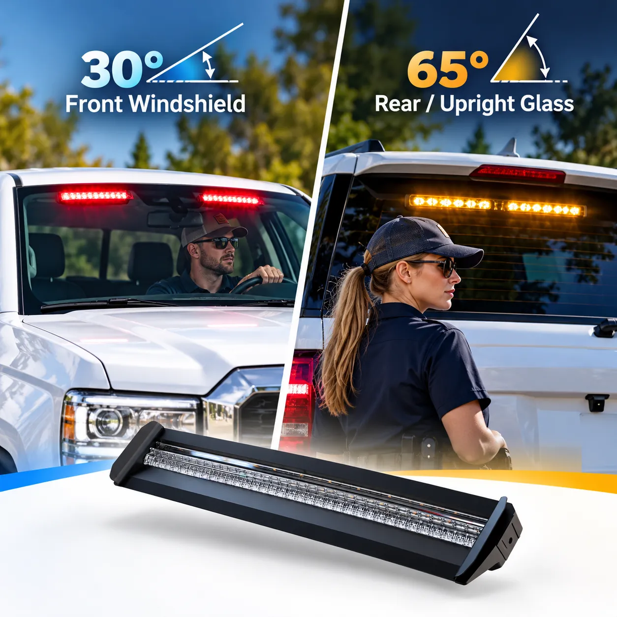 30-degree and 65-degree mounting angle options for the windshield light bar