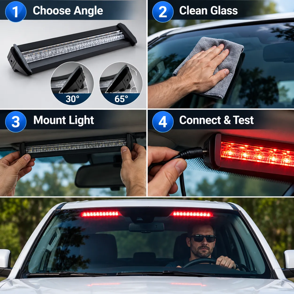Windshield light bar mounting and installation illustration