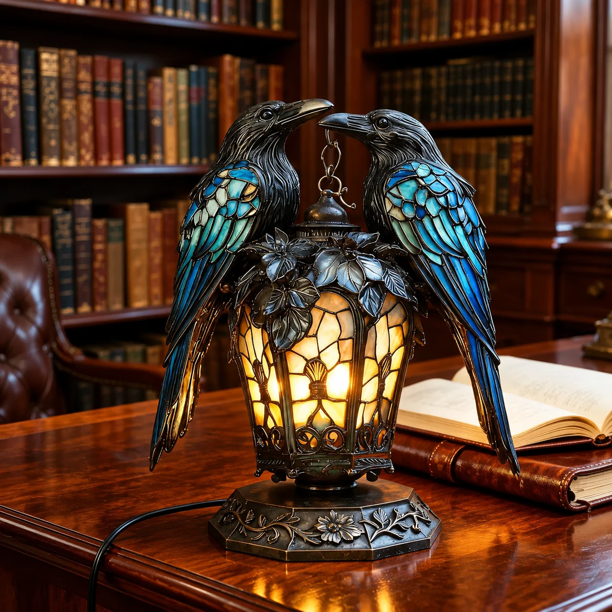 Two gothic ravens with blue stained glass wings surrounding a glowing antique style lantern