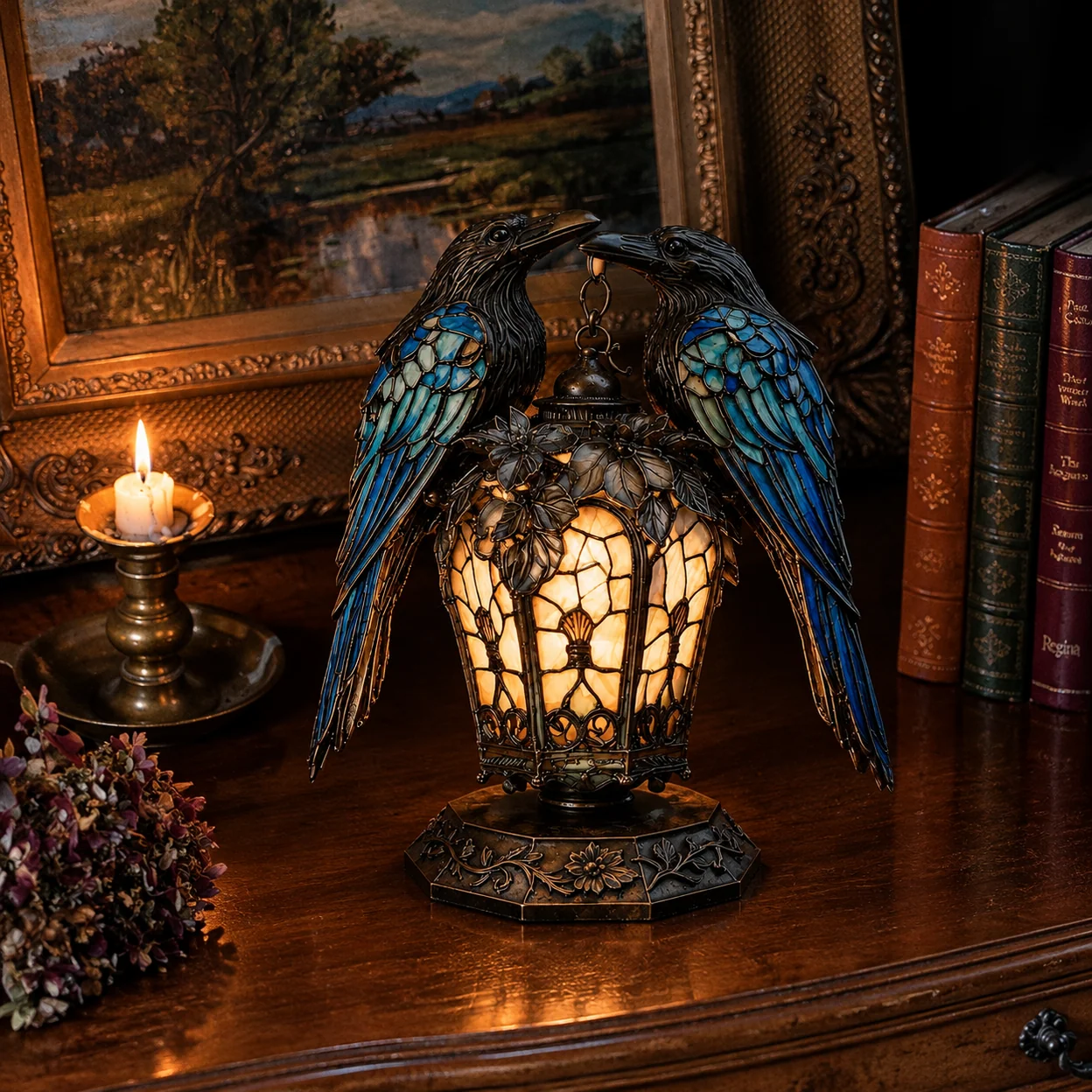 Gothic raven lantern glowing in a vintage study beside antique books and candles