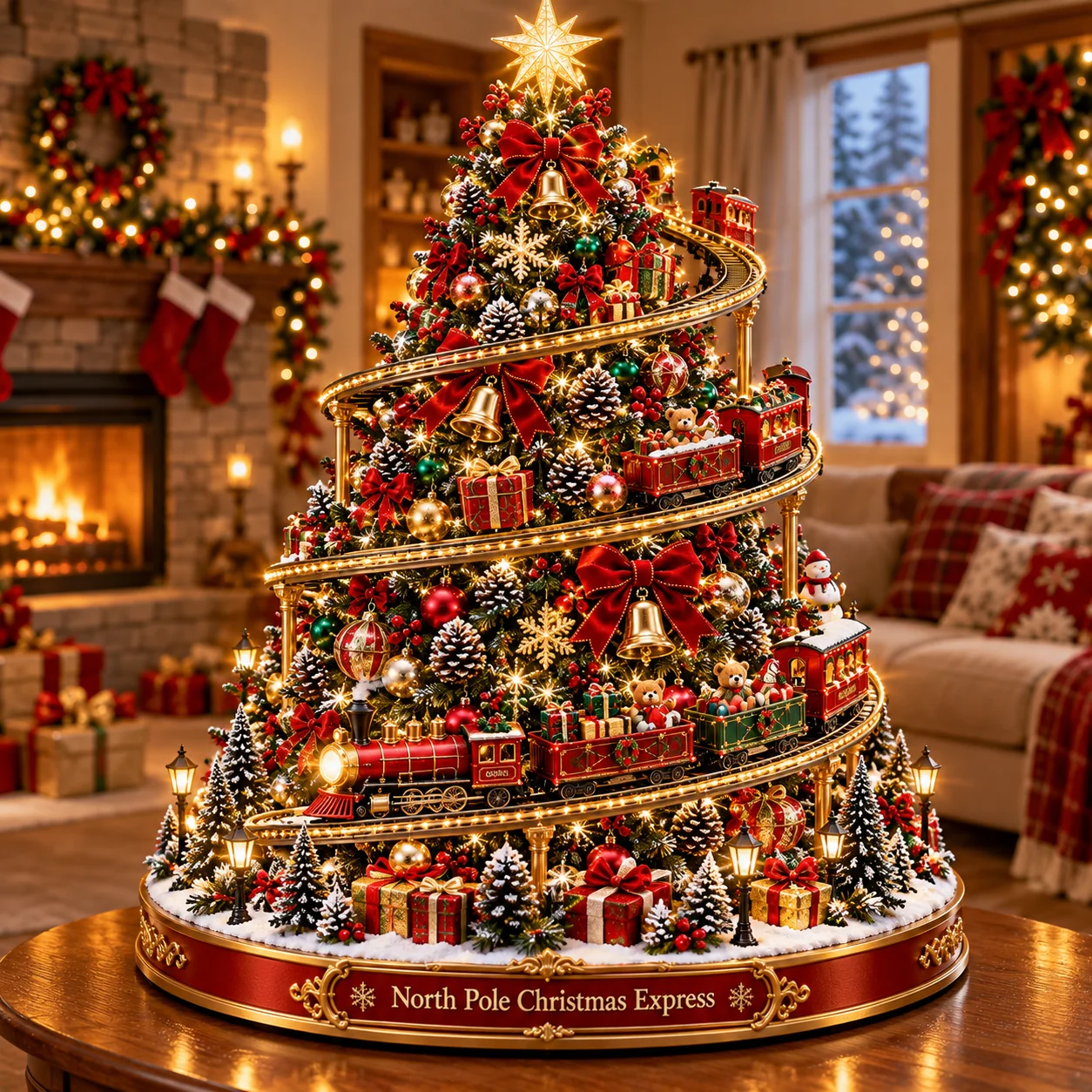 North Pole Christmas Express Tree as an elegant festive tabletop decoration in a living room