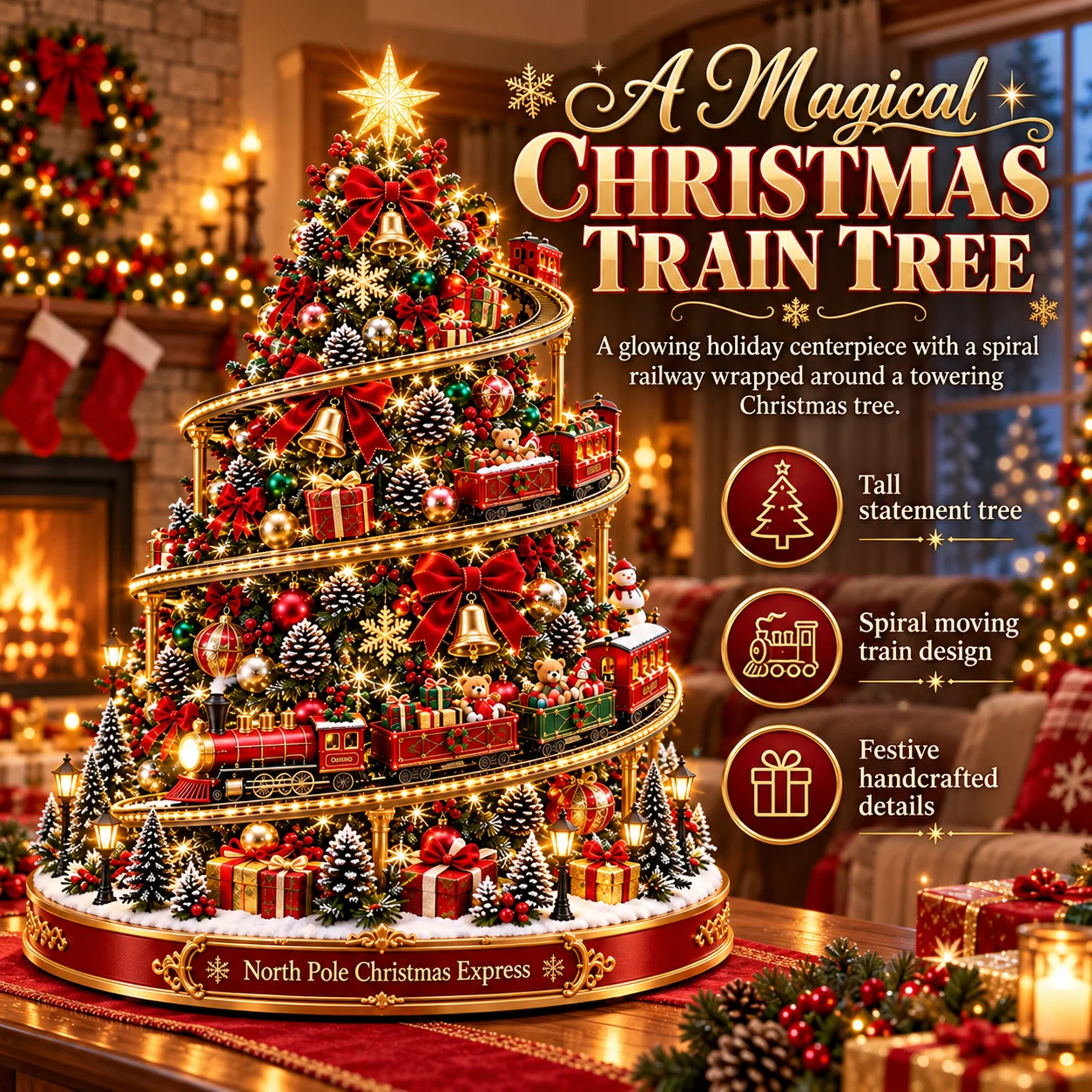 North Pole Christmas Express Tree promotional graphic showing spiral train display, warm holiday glow and festive miniature details