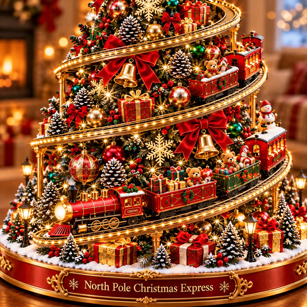 Close-up of red Christmas train carriages, teddy bears and wrapped gifts on golden spiral railway