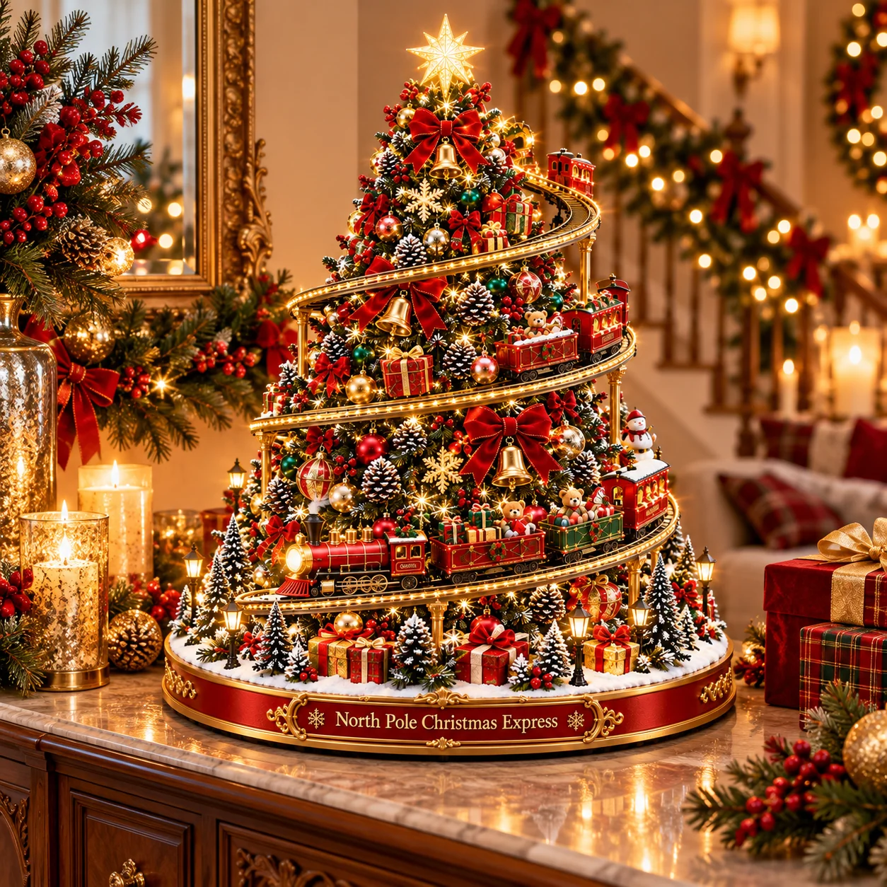 Illuminated North Pole Christmas Express Tree displayed in a warm and festive home