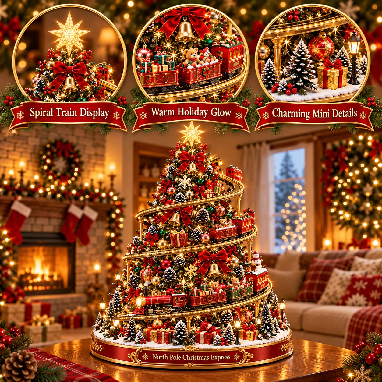 Detailed views of Christmas Express Tree star, gift train, snowy miniatures and golden lights