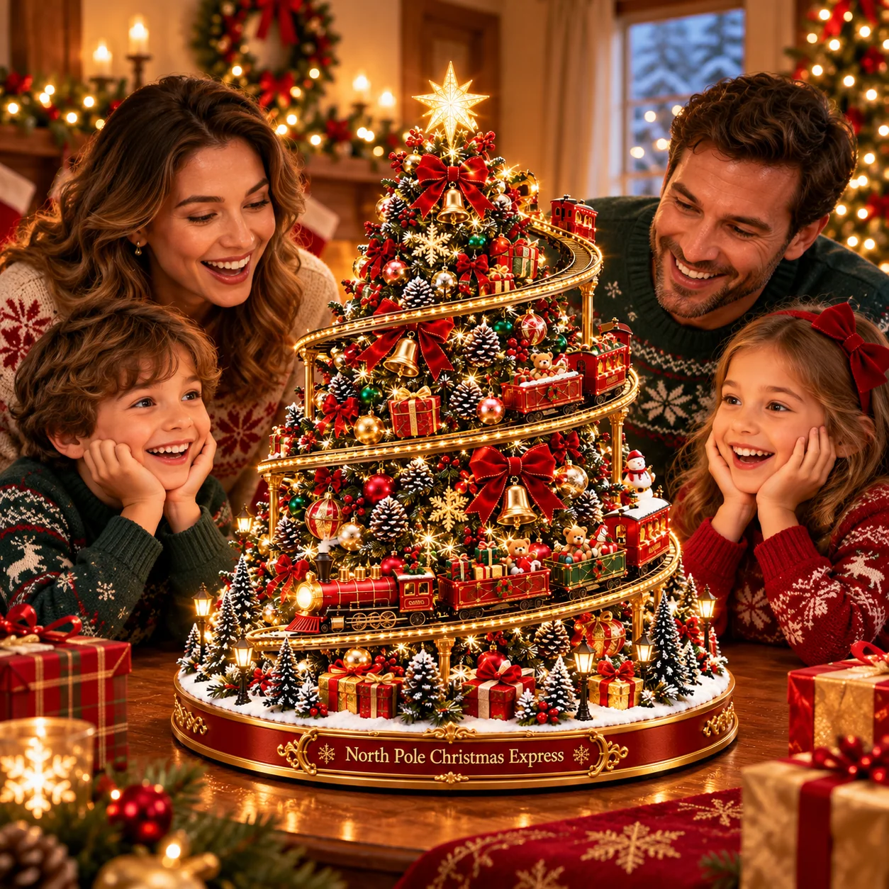 Family admiring the North Pole Christmas Express Tree together at Christmas