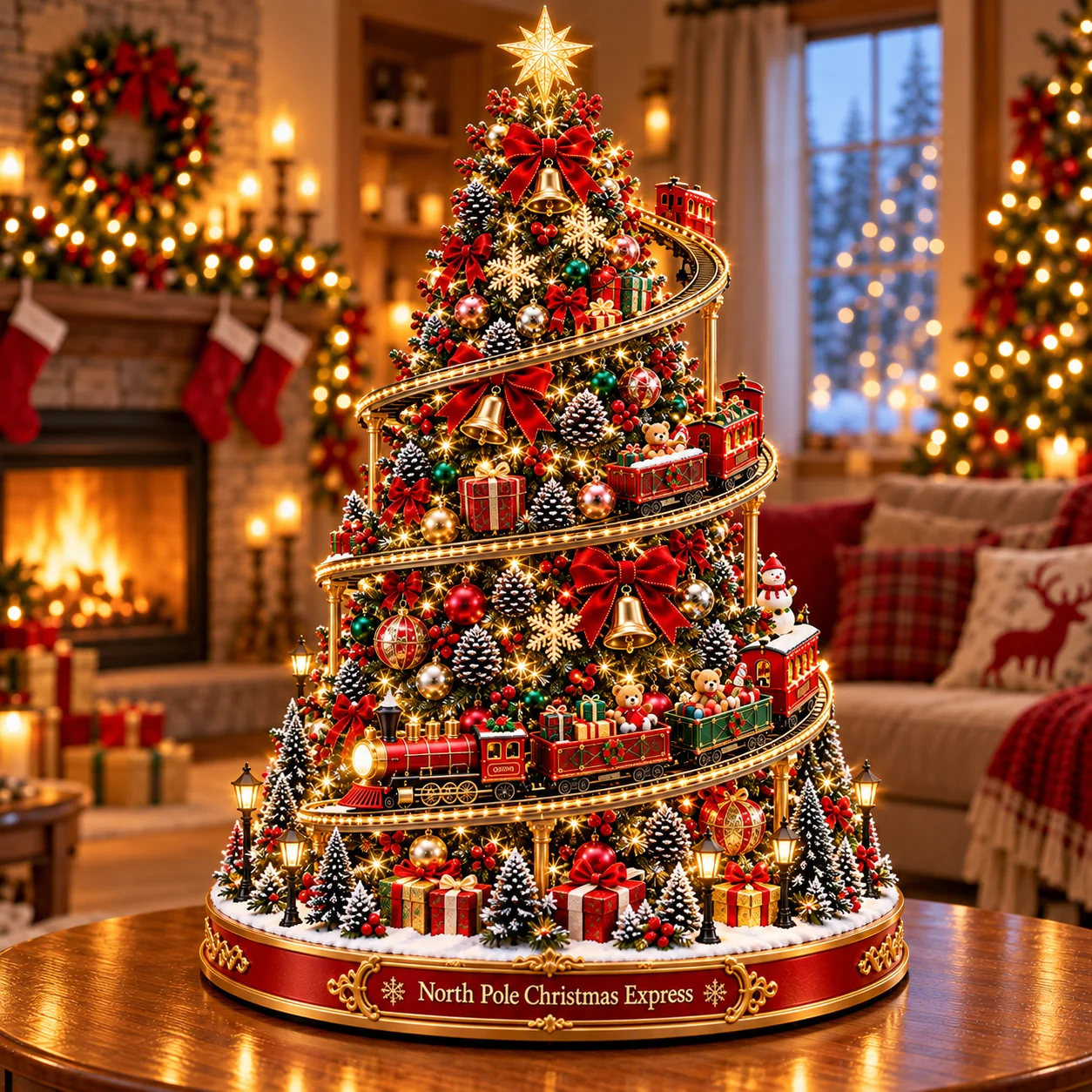 North Pole Christmas Express Tree featuring golden spiral railway and red gift train