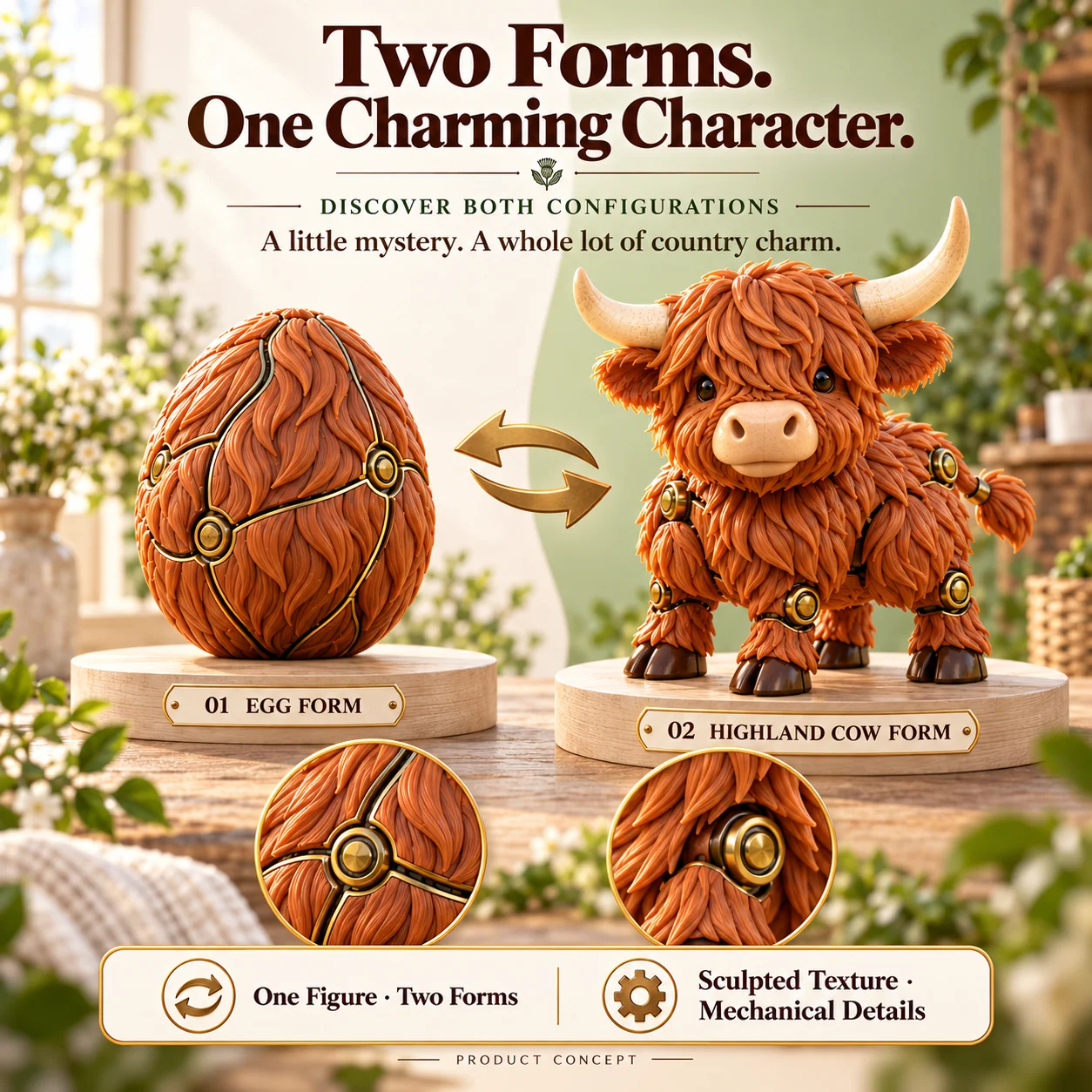 Two forms of the transforming Highland cow egg concept