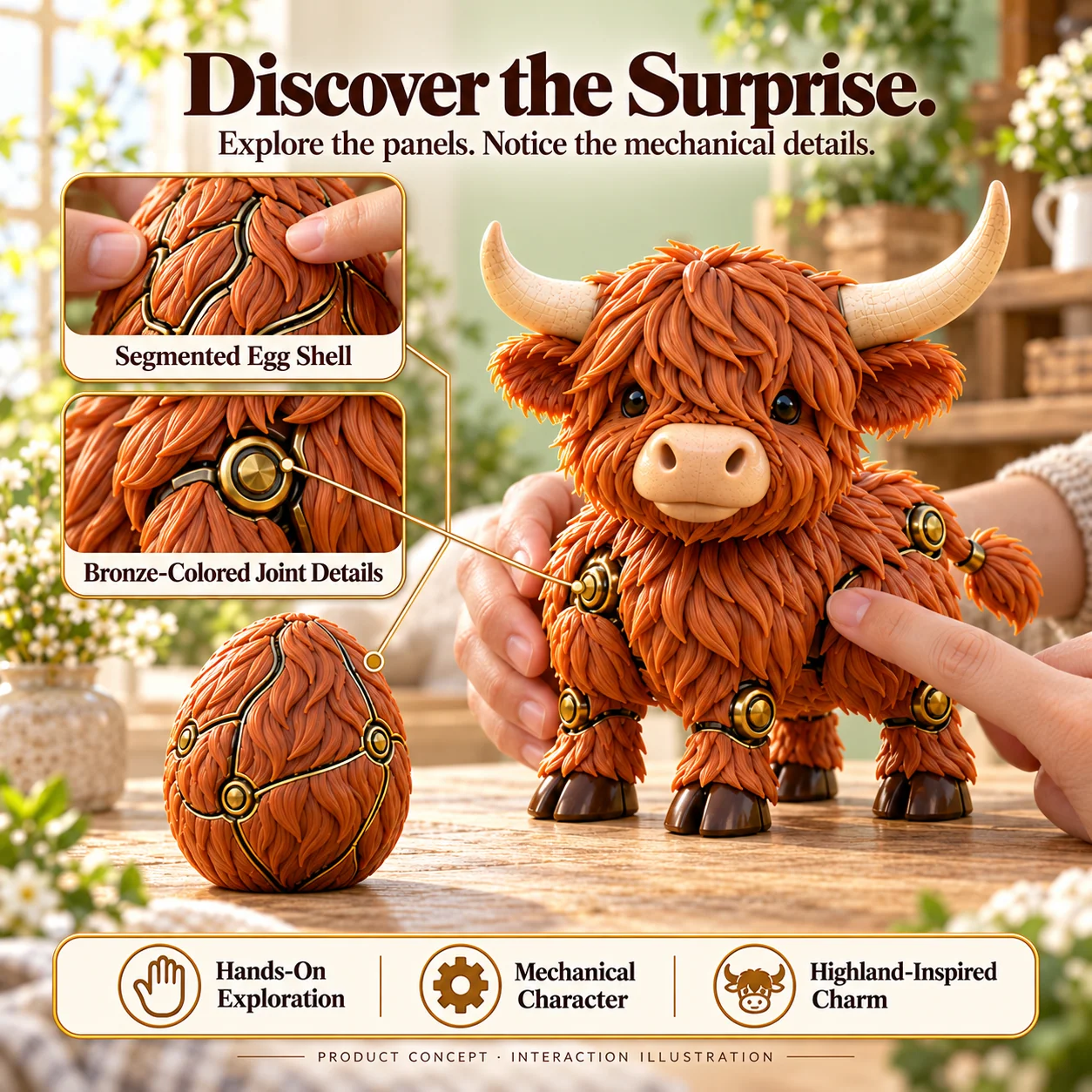 Highland cow egg concept showing segmented panels and mechanical joints