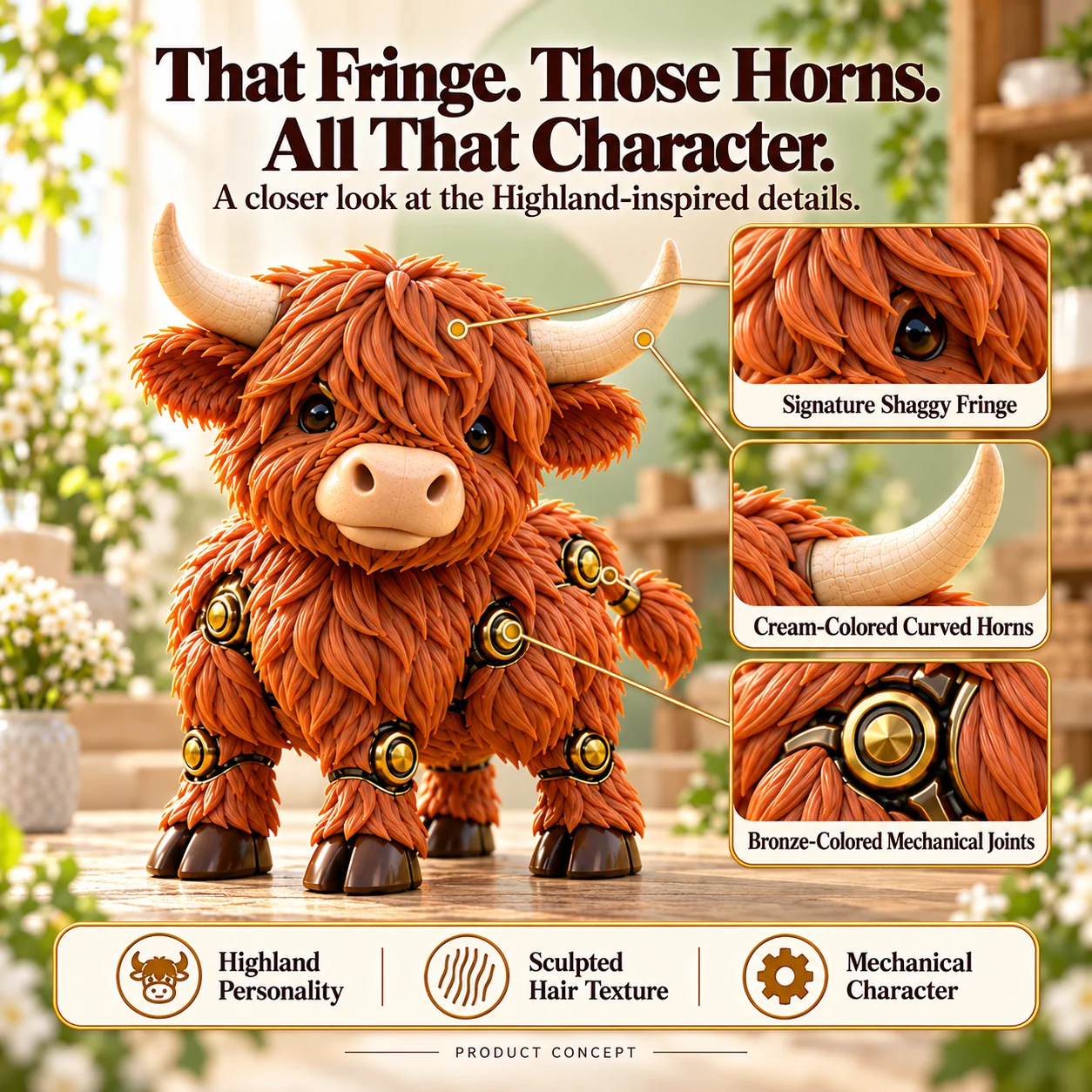 Highland cow character detail illustration showing horns fringe and joints