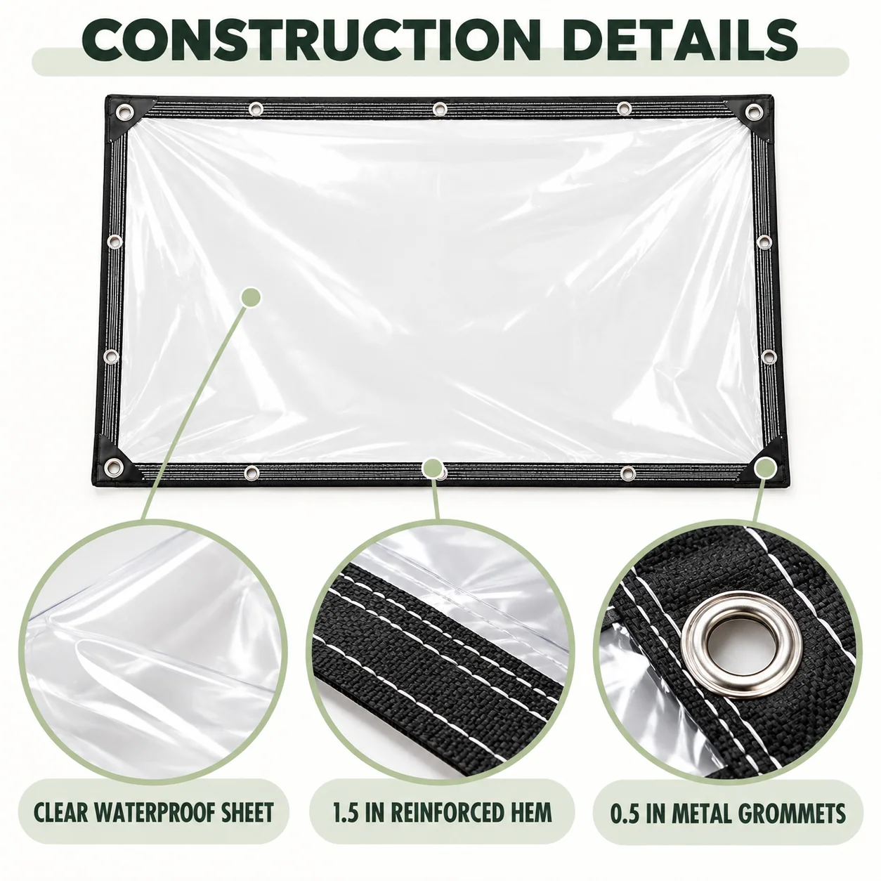 Clear tarp construction details with reinforced hem and metal grommets