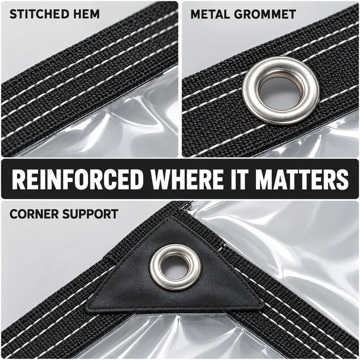 Close-up of stitched hem, metal grommet and reinforced corner