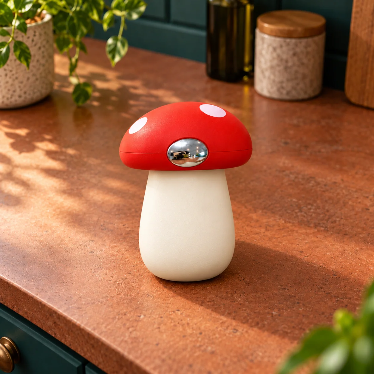 Red and white mushroom-shaped bottle opener displayed upright on a kitchen counter