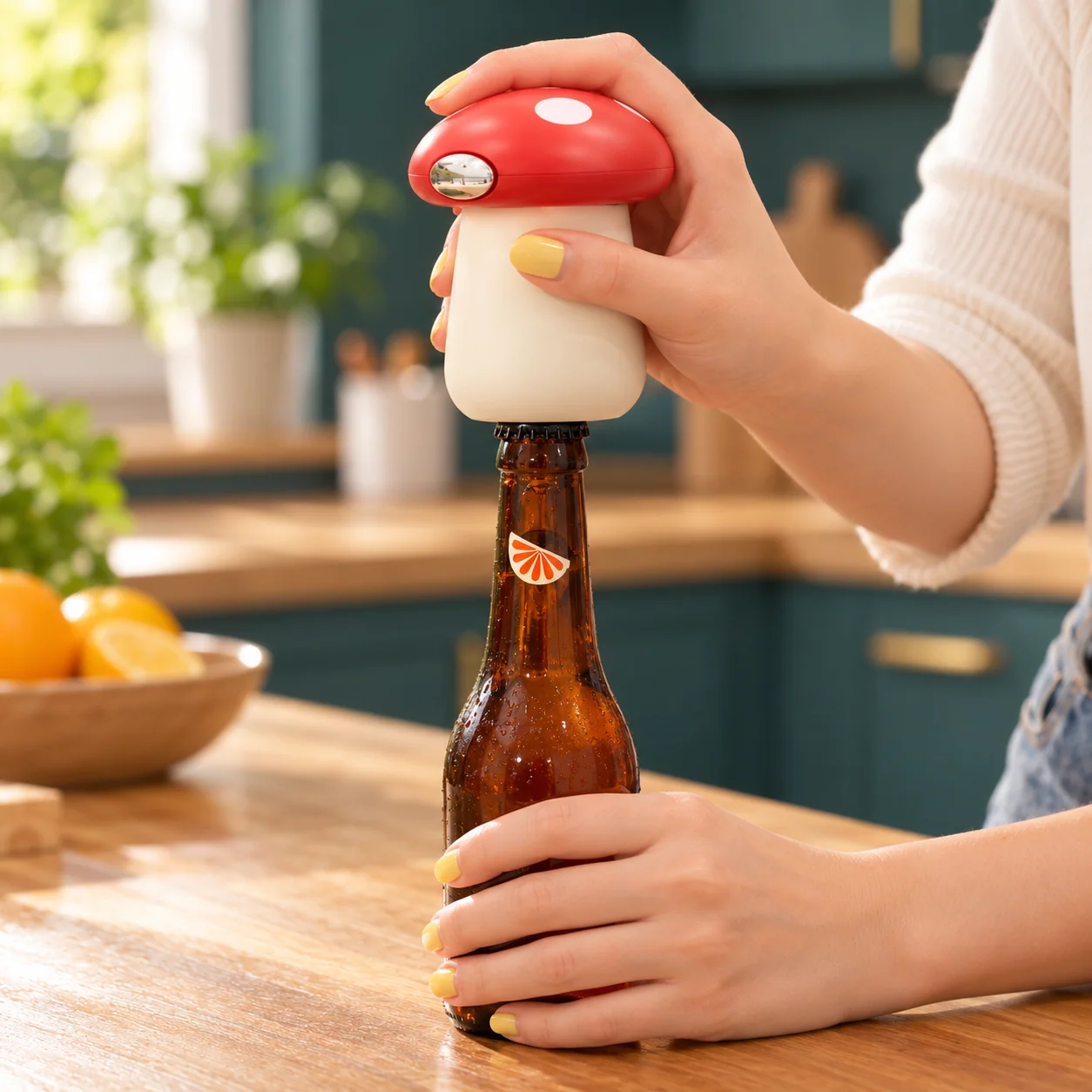 Red mushroom magnetic opener lifting a cap from a glass bottle