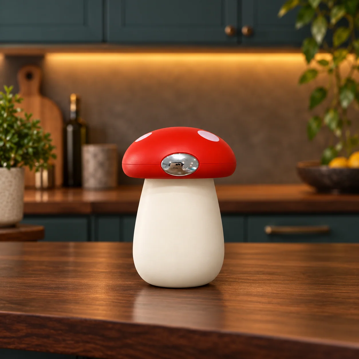 Mushroom bottle opener displayed in a warm modern kitchen