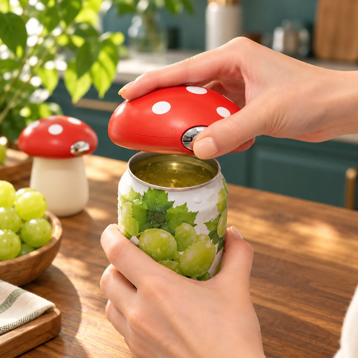 Person using red mushroom opener to lift a beverage can tab