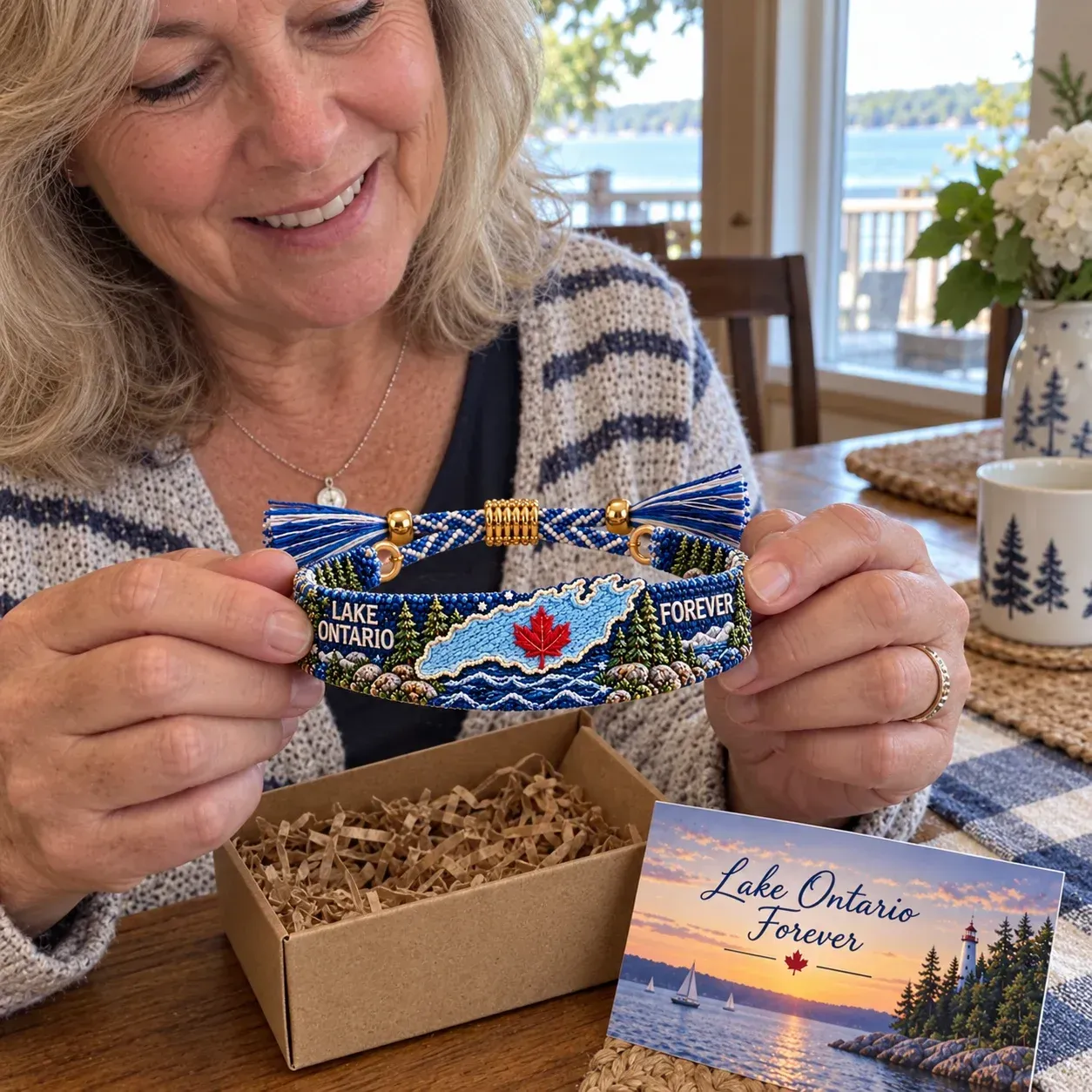 Customer opening her Lake Ontario Forever bracelet gift box