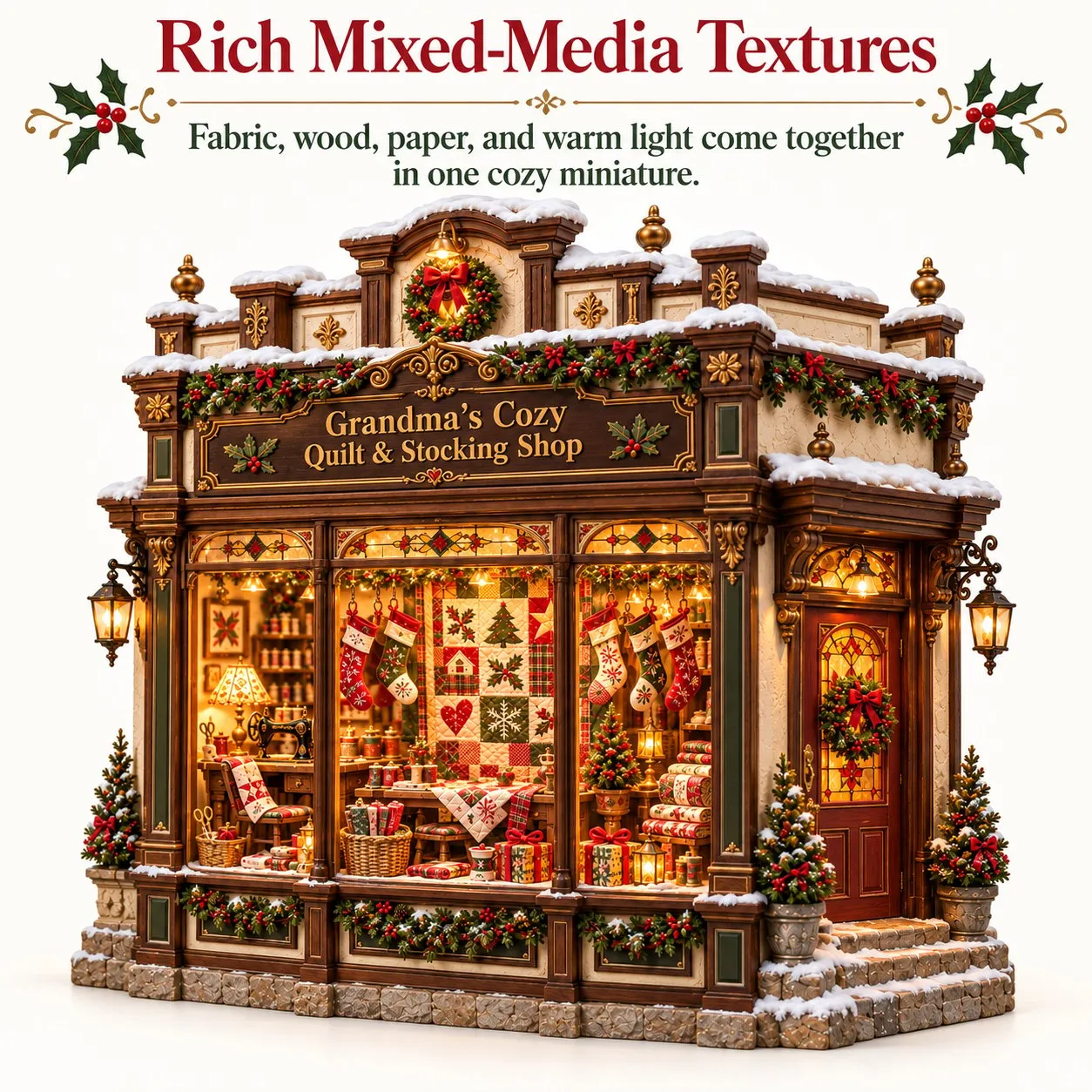 Mixed media fabric wood paper details in Christmas miniature