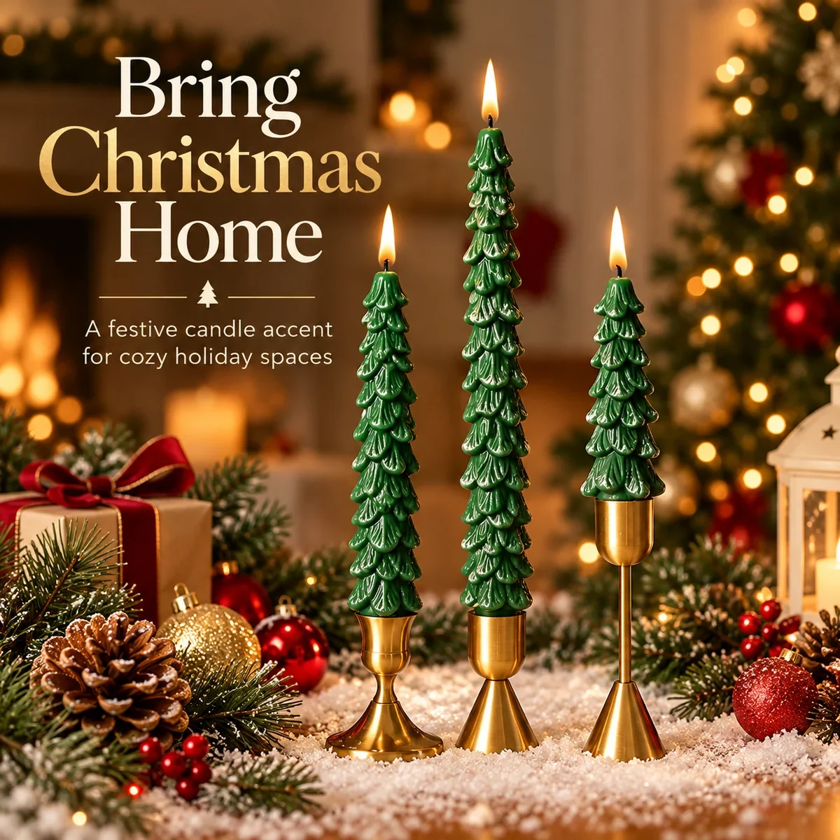 Elegant green Christmas tree candles styled in a cozy holiday setting