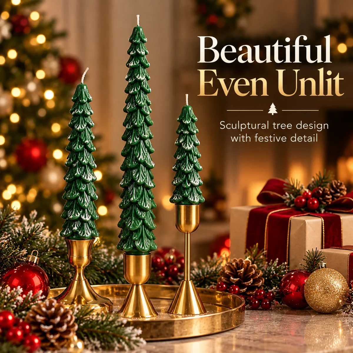 Detailed green Christmas tree candles displayed unlit