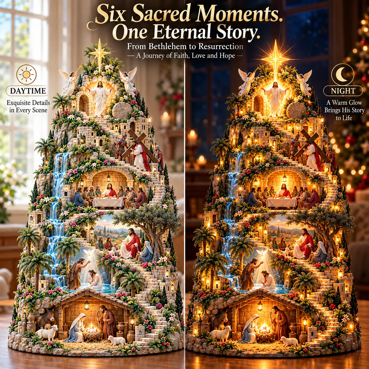 Daytime versus nighttime illuminated Jesus mountain display