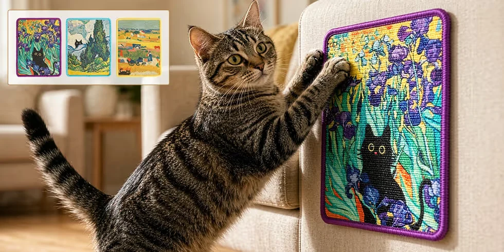 Artistic wall-mounted sisal cat scratcher
