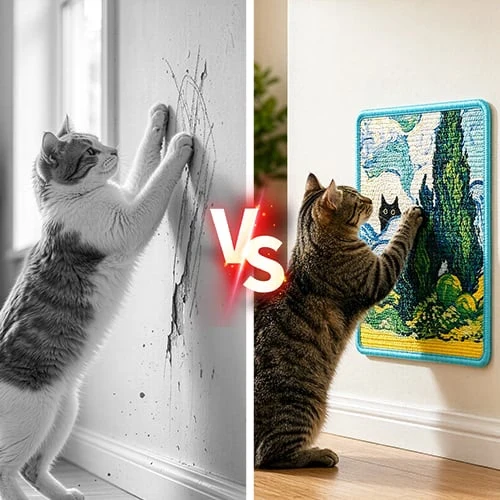 Cat using a decorative wall-mounted scratcher