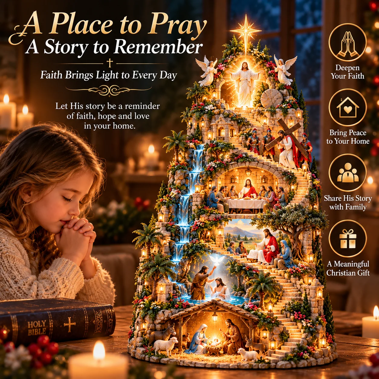 Young girl praying beside the illuminated Journey of Faith collectible