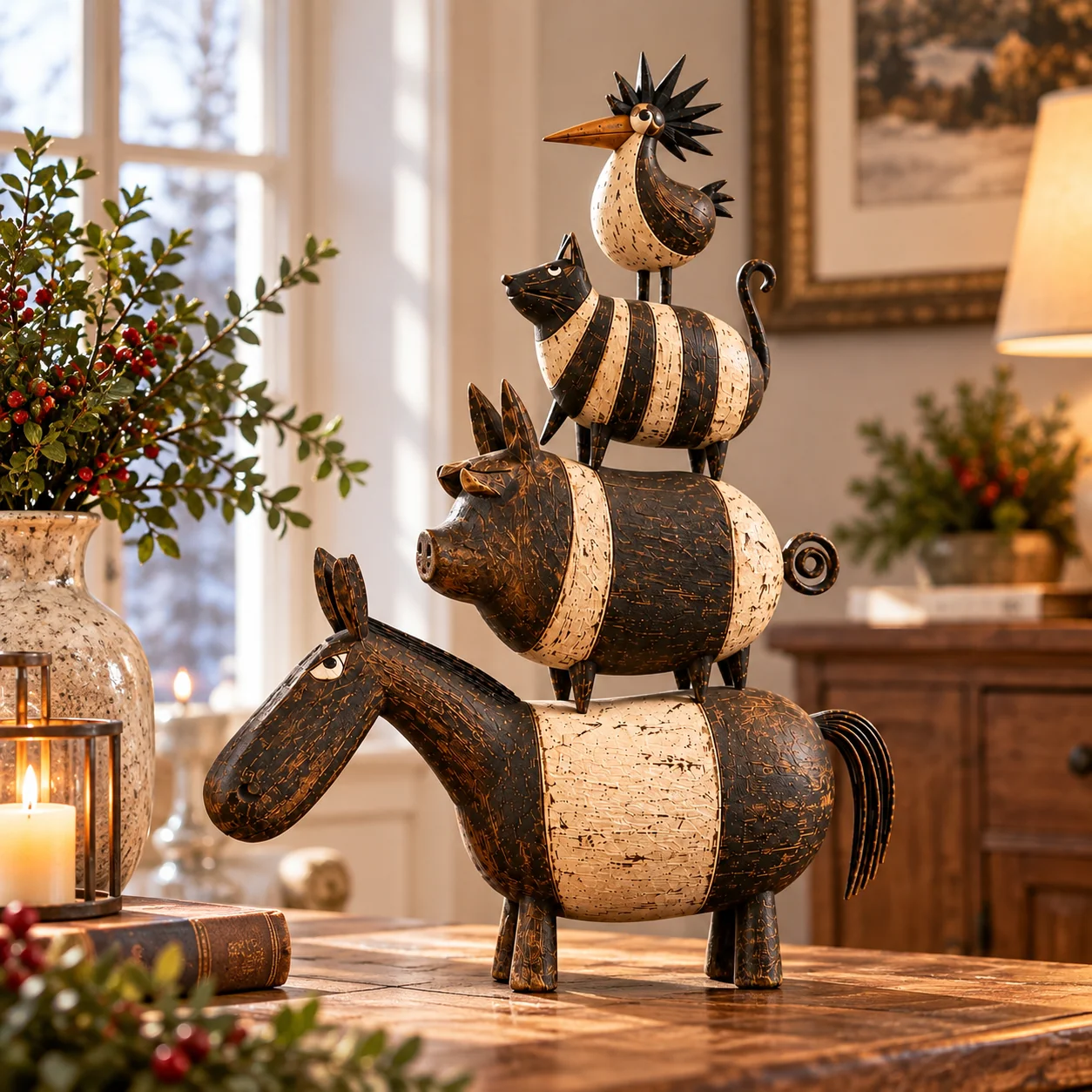 Four Friends rustic stacked animal sculpture