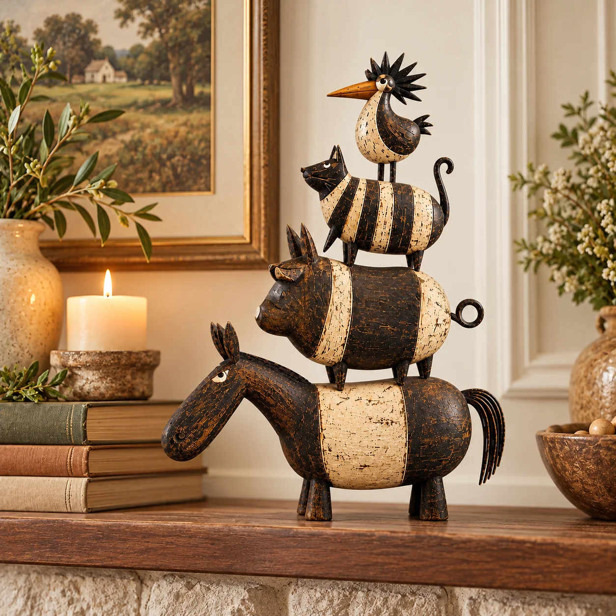 Four stacked animal folk art characters