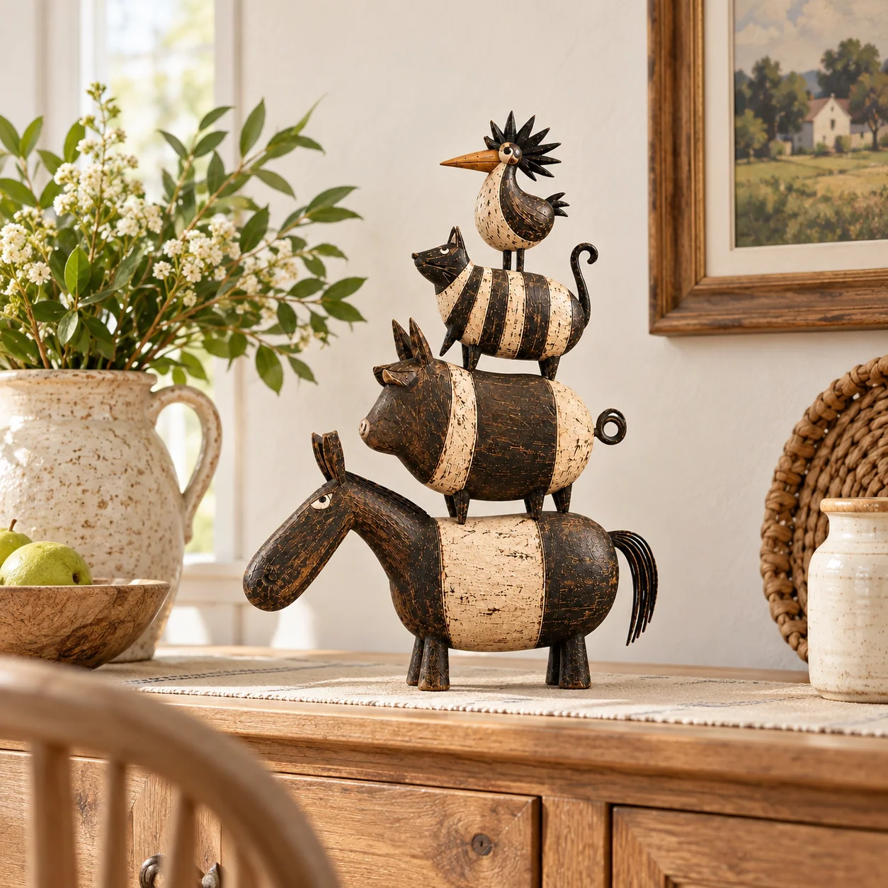 Farmhouse animal sculpture on wooden furniture