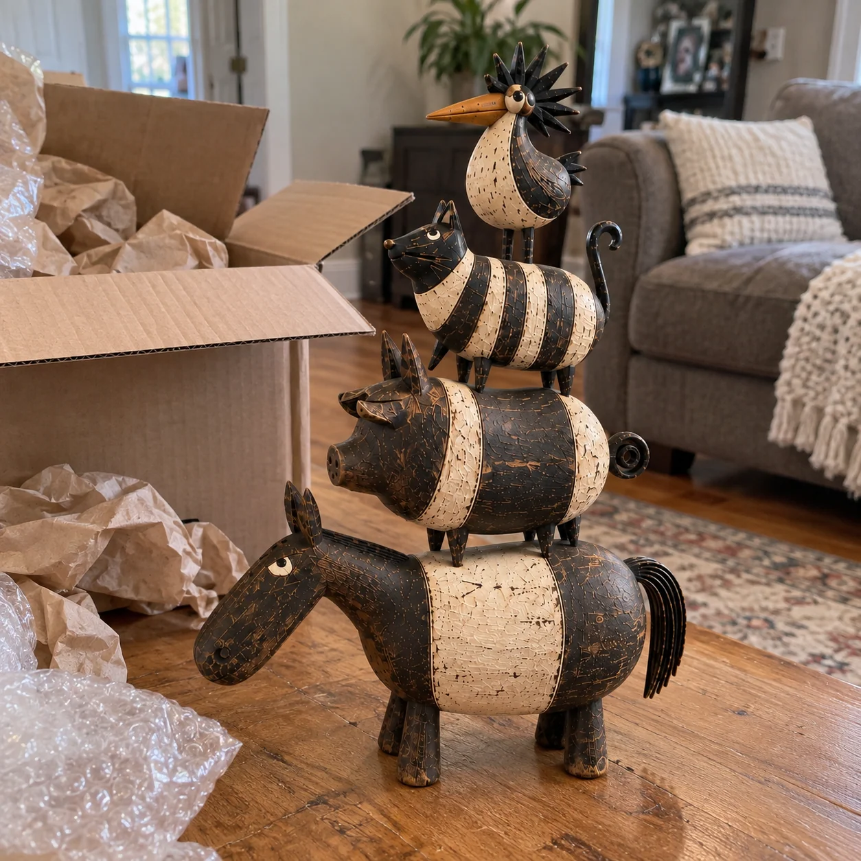 Animal sculpture beside shipping packaging
