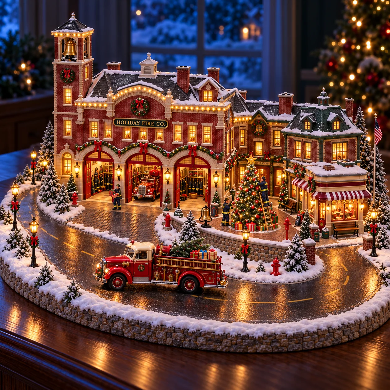 Christmas fire rescue village glowing in an evening setting with golden windows and a snowy village road
