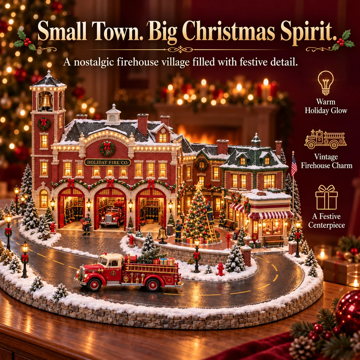 Detailed Christmas firehouse village with illuminated arched garage bays, snowy rooftops, and a red fire engine