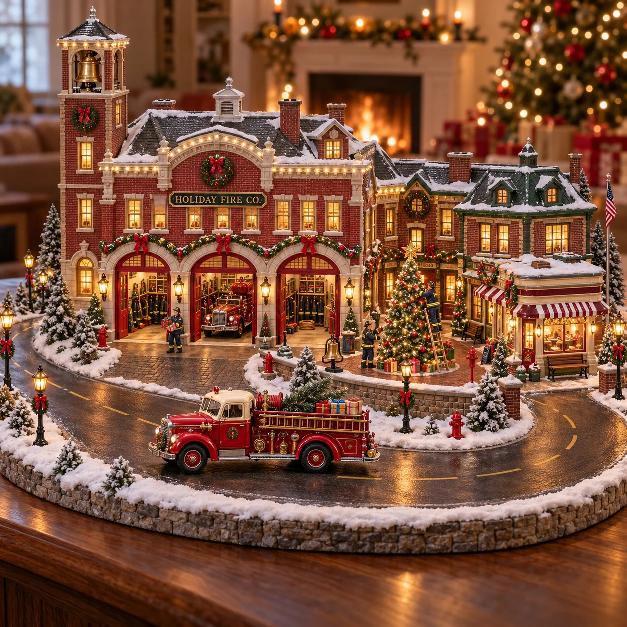 Christmas fire rescue village with a red firehouse, vintage fire engine, decorated tree, and glowing buildings
