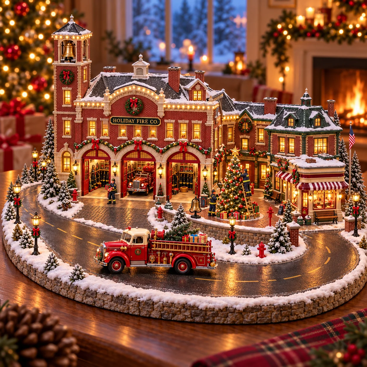 Christmas fire rescue village styled on a wooden table with holiday greenery and a cozy decorated room
