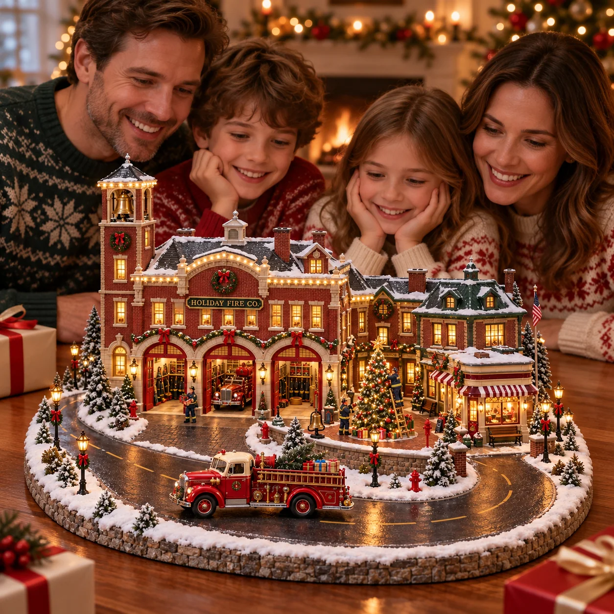 Family enjoying the illuminated Christmas fire rescue village together